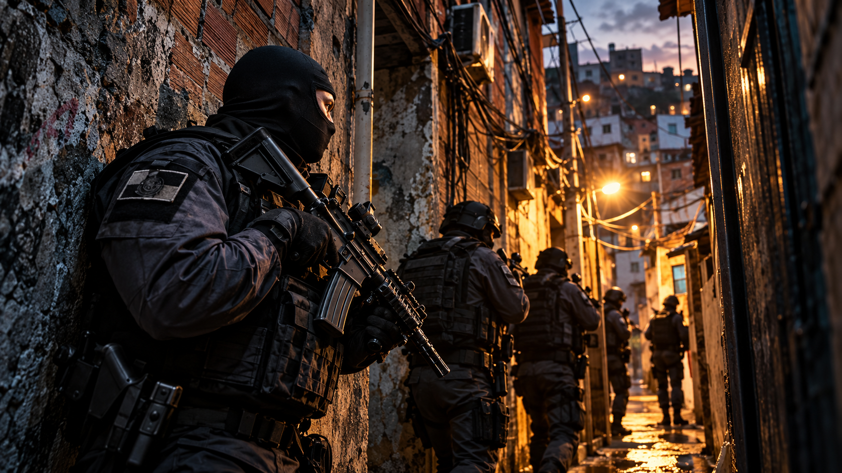 Equipe policial em progressão por área urbana